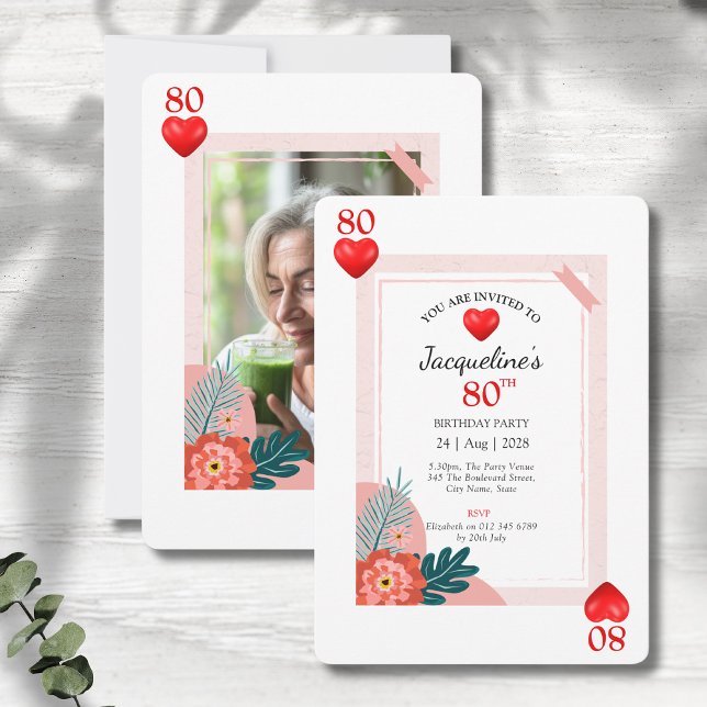 Tarjeta de juego Hearts Invitación a fiesta de cum (80th birthday party invitations in a playing card style on a grey wood background.)