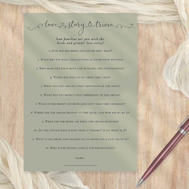 Tarjeta de juego Love Story Trivia Bridal Shower S (Printable Bridal Shower Game)