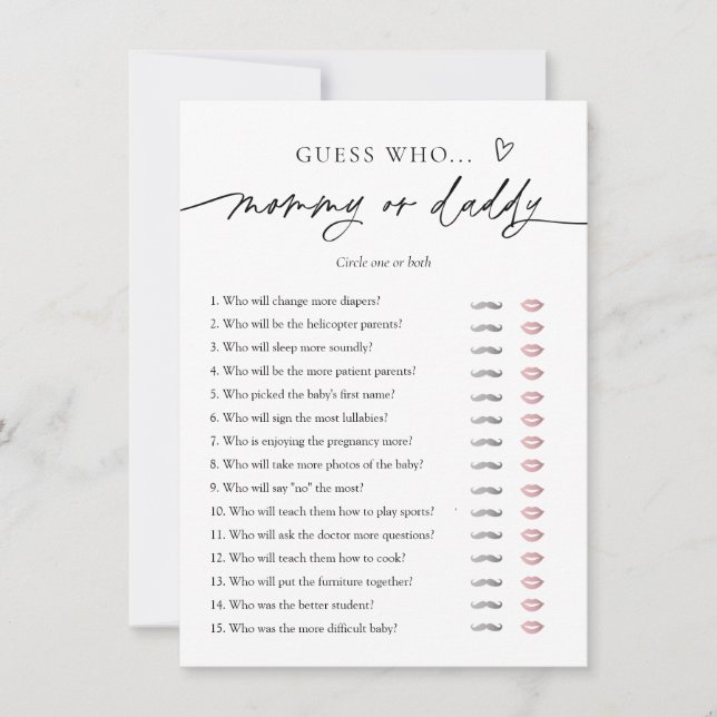 Tarjeta de juego Mami o Papi de Baby Shower minima (Anverso)