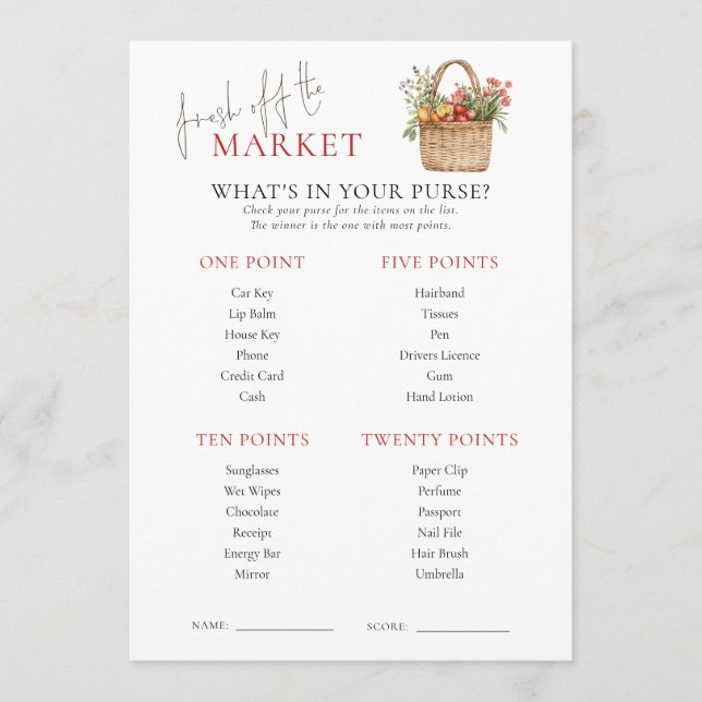 Tarjeta de juego "Market Whats in Purse Bridal Sho (Anverso)
