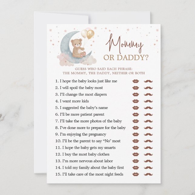 Tarjeta de juego Moon Baby Shower Mamá o Papi (Anverso)