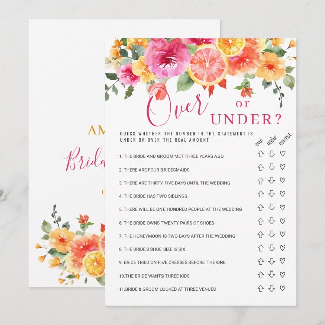 Tarjeta de juego nupcial de flores cítricas brilla (Anverso / Reverso)