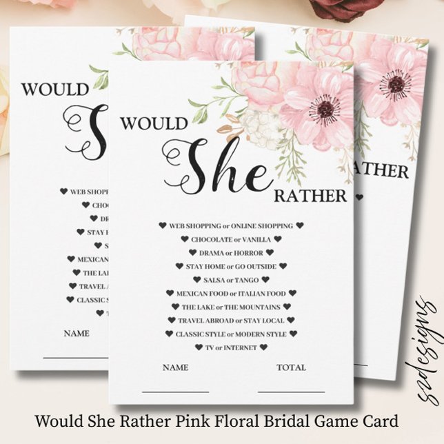 Tarjeta de juego nupcial de flores rosadas ¿Qué pr (Subido por el creador)
