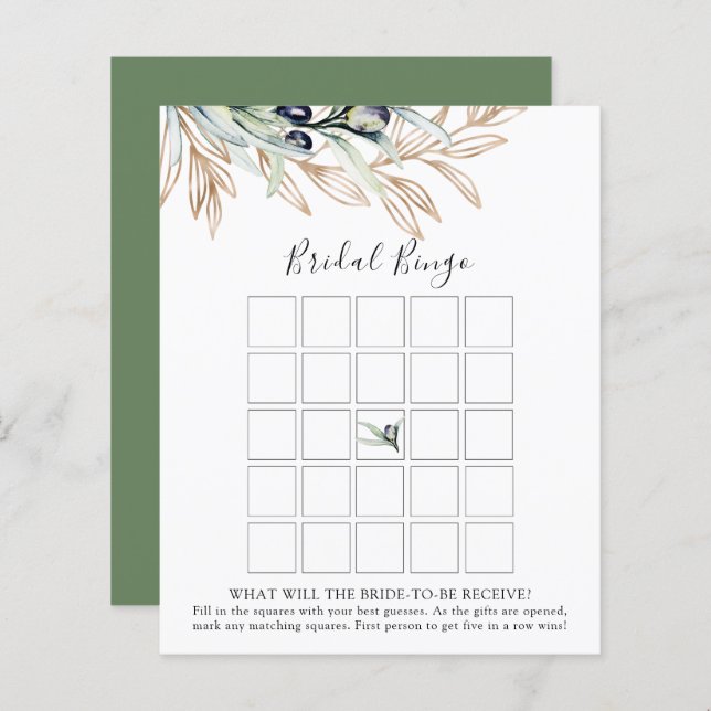 Tarjeta de juego Olive Branch Bridal Shower Bingo (Anverso / Reverso)