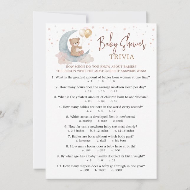 Tarjeta de juego On the Moon Baby Shower Baby Triv (Anverso)
