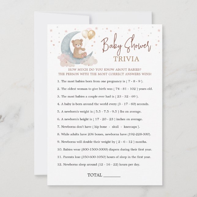 Tarjeta de juego On the Moon Baby Shower Baby Triv (Anverso)
