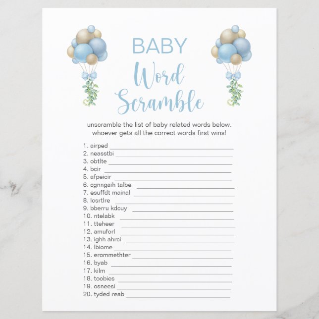 Tarjeta de Juego para Baby Shower: Globos Azules d (Anverso)