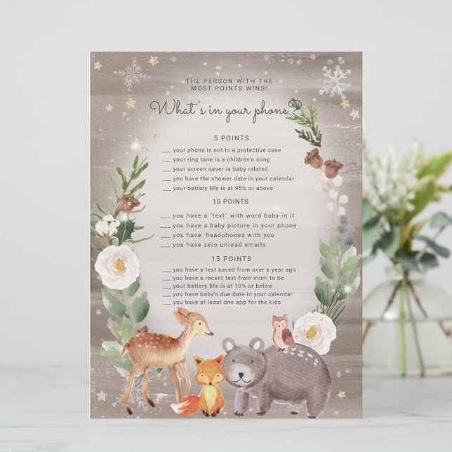 Tarjeta de juego para teléfono Baby Shower de Wood (Anverso de pie)
