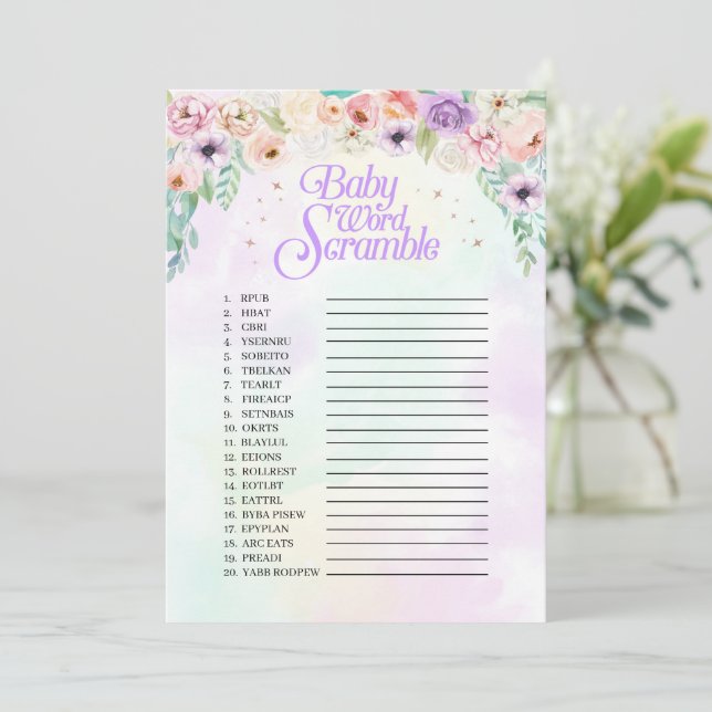 Tarjeta de juego Pastel Arcoiris Baby Shower Word  (Anverso de pie)