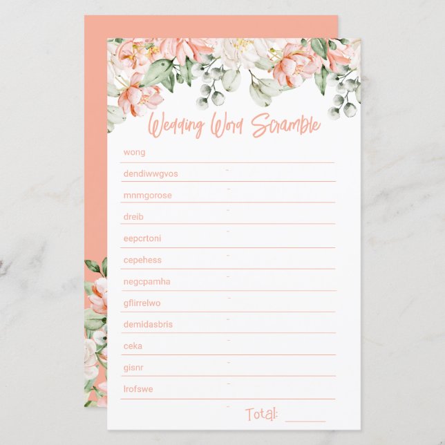Tarjeta de juego Peach Floral Bridal Shower Word S (Anverso / Reverso)