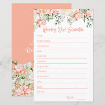 Tarjeta de juego Peach Floral Bridal Shower Word S