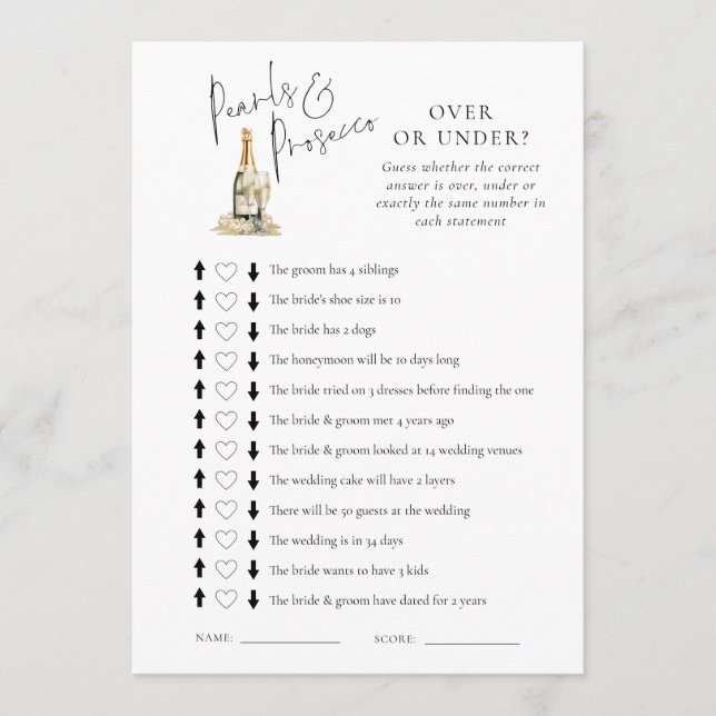 Tarjeta de juego Pearl Over or Under Bridal Shower (Anverso)