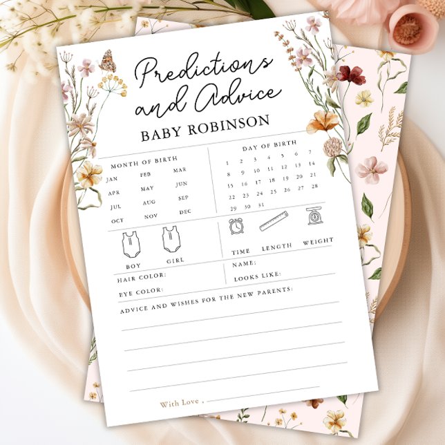 Tarjeta de juego rosada para predicciones de bebés (Wildflower Baby Predictions Advice Pink Game Card)