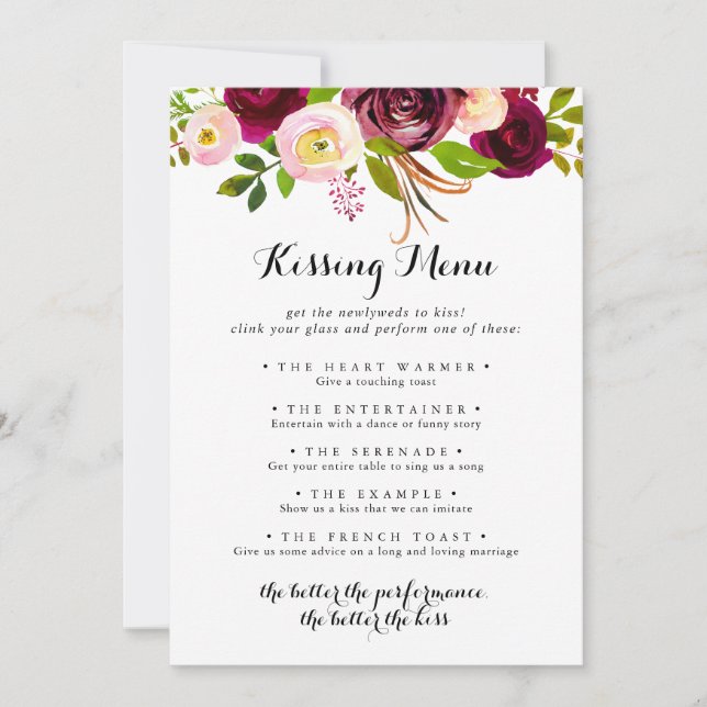 Tarjeta de juego Rustic Rubor Boda Kissing Menu (Anverso)