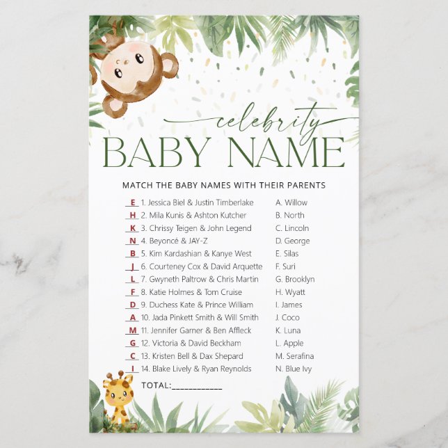Tarjeta de juego Safari Animals Celebrity Baby Nam (Anverso)