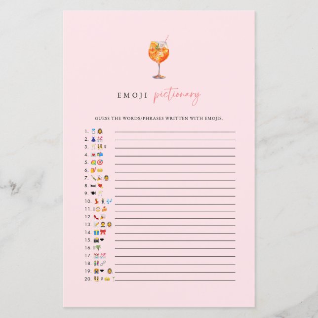 Tarjeta de juego Spritz Emoji Pictionary Bridal Sh (Anverso)