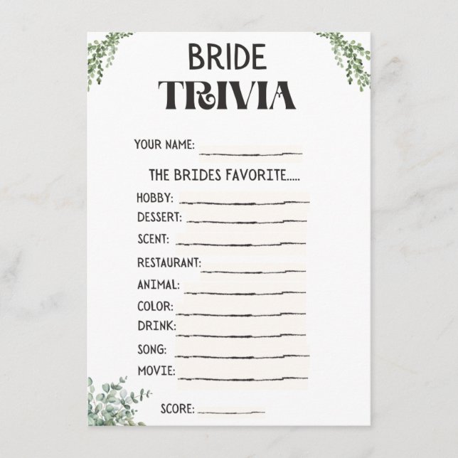 Tarjeta de juego Trivia Bridal Shower (Anverso)