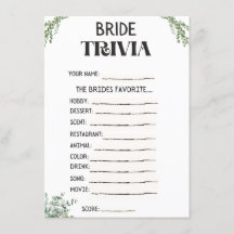 Tarjeta de juego Trivia Bridal Shower