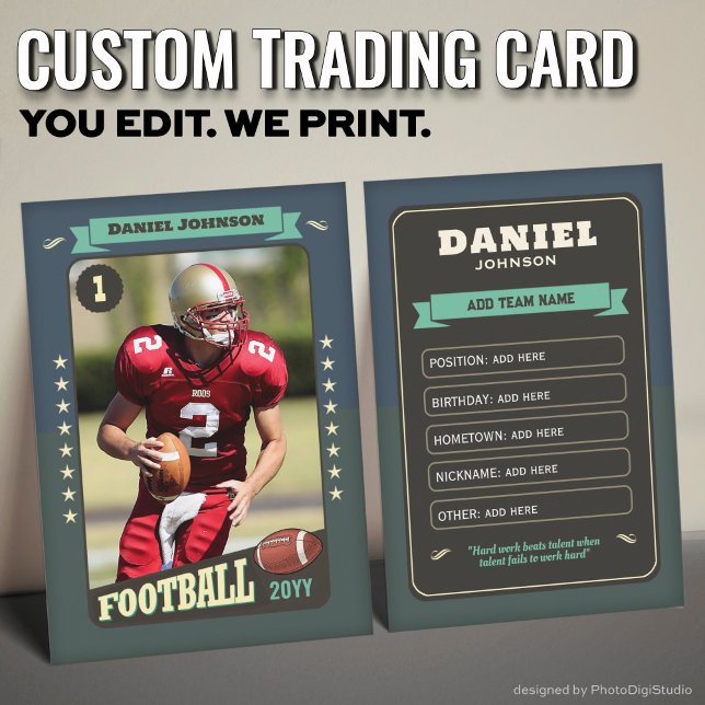 Tarjeta de jugador de tarjeta de Personalizado de  (Custom Football Trading Card, Teal Retro Player Card)