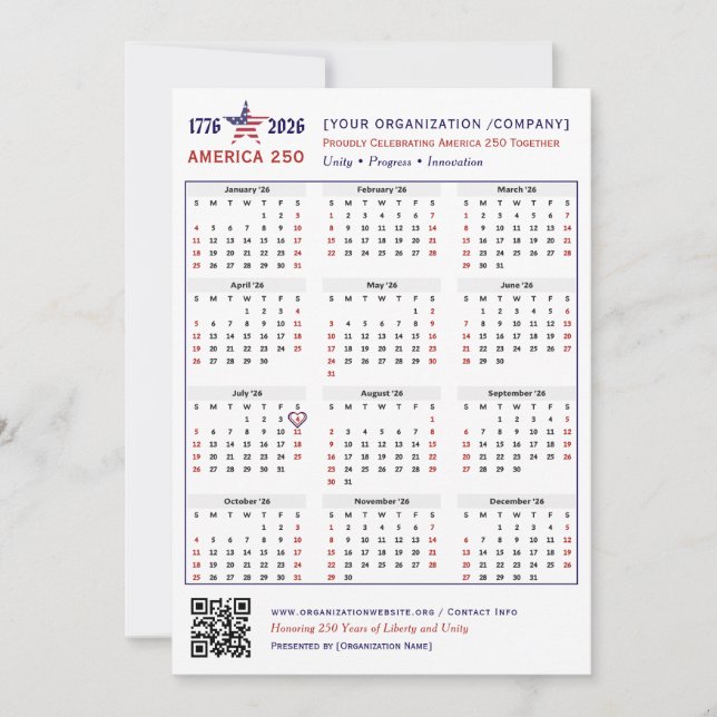 Tarjeta de Keepsake del calendario Patriótico 2026 (Anverso)