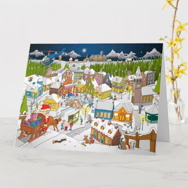 Tarjeta De kerstman arriveert in het dorp  (flor amarilla)