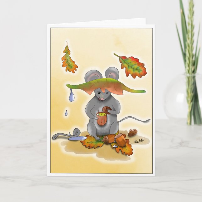 Tarjeta DE Klappkarte Herbst Maus mit Blätter (Anverso)