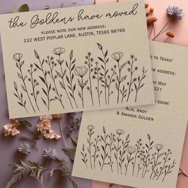 Tarjeta de Kraft de Arte de la Línea de Flor Silve (MOVING ANNOUNCEMENT Wildflower Line Art Kraft Address Change New Home Card)