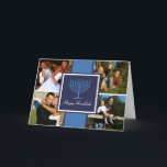 Tarjeta de la bandera de Jánuca Menorah<br><div class="desc">Tarjeta de la bandera de Jánuca Menorah. Una bandera azul rica con un centro del menorah de Jánuca añade estilo a su tarjeta de felicitación del día de fiesta. Apenas seleccione cuatro fotos personales para separar alegría del día de fiesta y el pozo desea a cada uno en su lista....</div>