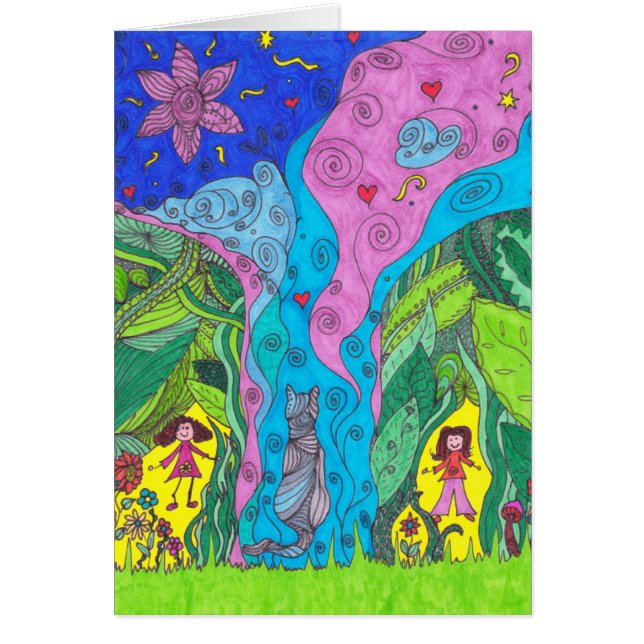 Tarjeta de la fantasía - gato y gente (Frente)