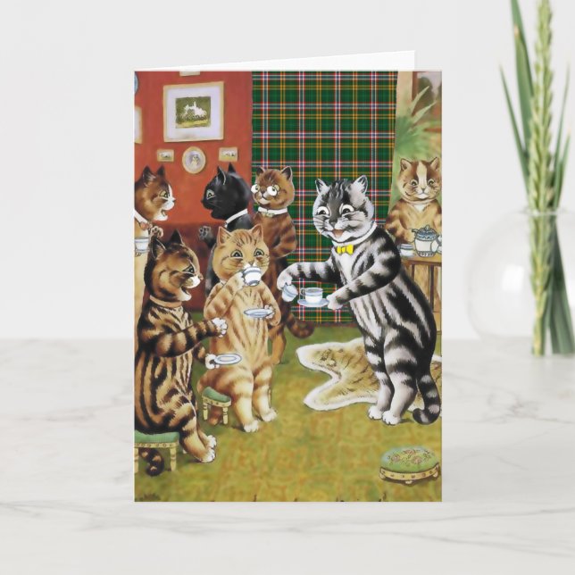 Tarjeta de la fiesta del té del gato de Louis Wain (Anverso)