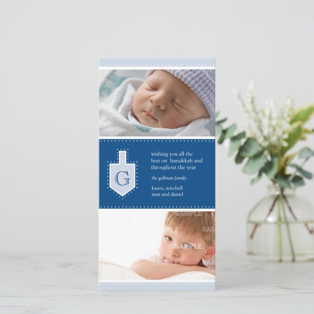 Tarjeta de la foto de Jánuca Dreidel del monograma (Anverso de pie)