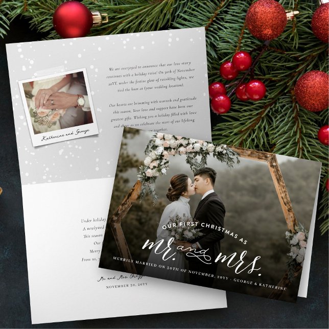Tarjeta de la foto de Sr. y de señora First (Our First Christmas As Mr And Mrs Modern Typography Photo Wedding Holiday Folded Card by fat*fa*tin)