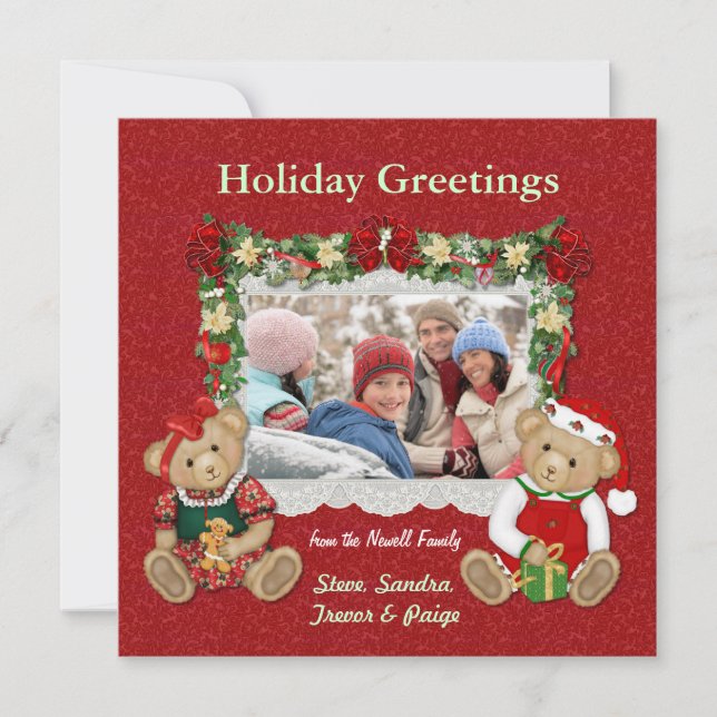 Tarjeta de la foto del navidad del oso de peluche (Anverso)