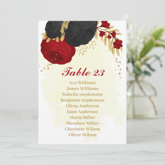 tarjeta de la gráfica dorada de flores rojas y neg (Anverso de pie)