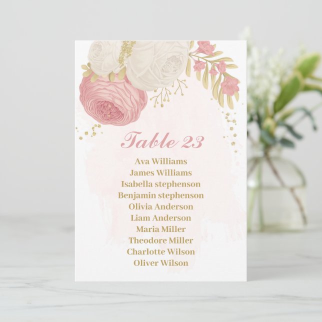 tarjeta de la gráfica dorada de flores rosas y bla (Anverso de pie)