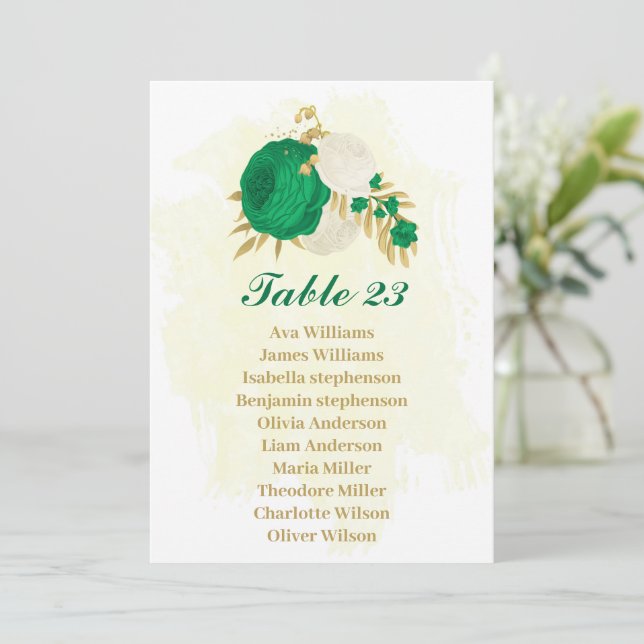 tarjeta de la gráfica dorada de flores verdes y bl (Anverso de pie)