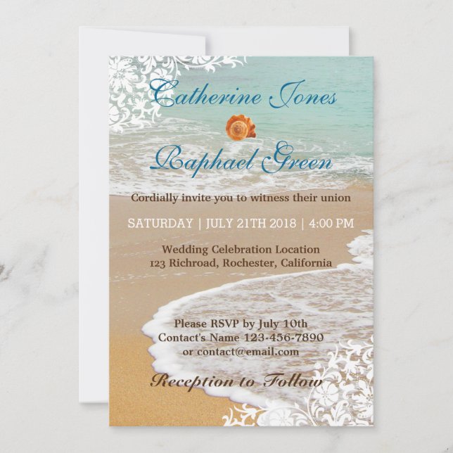 Tarjeta de la invitación de la boda de playa de (Anverso)