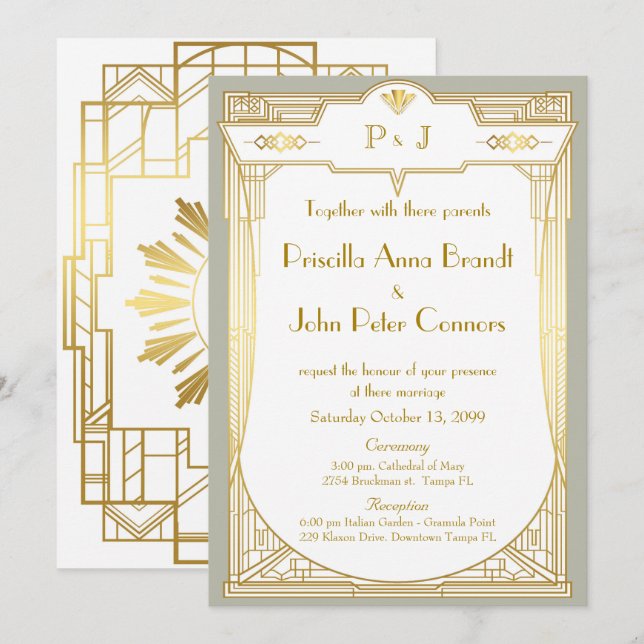 Tarjeta de la invitación de la boda, gran Gatsby, (Anverso / Reverso)