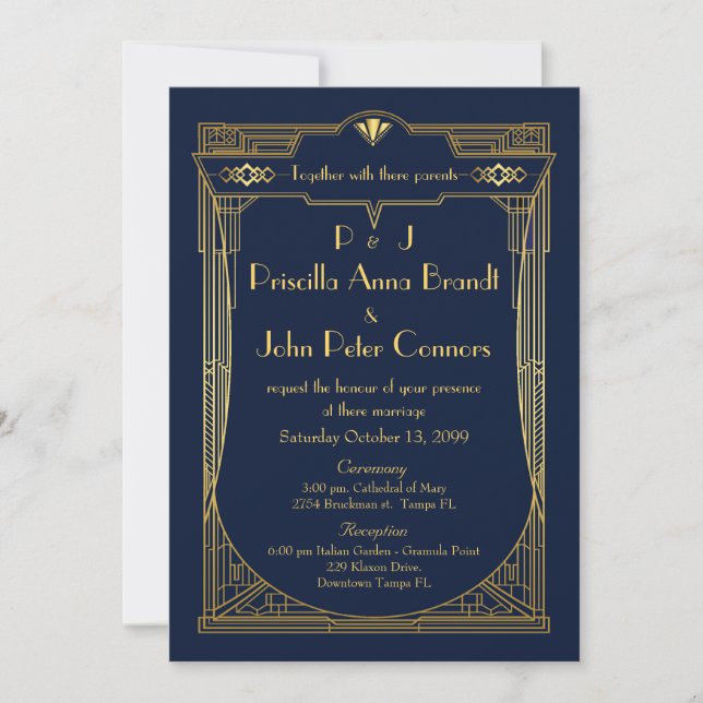 Tarjeta de la invitación de la boda, gran Gatsby, (Anverso)