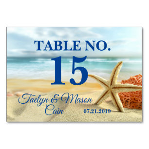 Tarjeta de la mesa de escena de playa Boda tropica