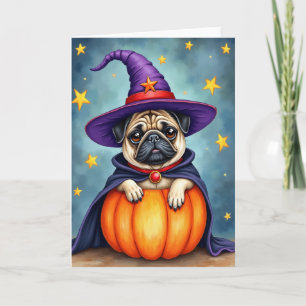 Tarjeta de la noche estrellada de la bruja Pug
