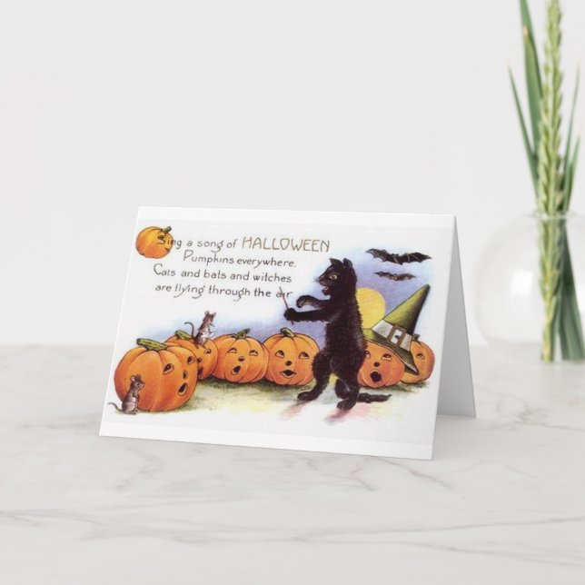 Tarjeta de la orquesta del gato negro de Halloween (Anverso)
