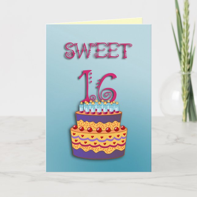 Tarjeta de la torta de cumpleaños del dulce 16 (Anverso)