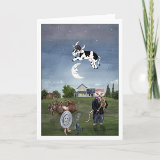 Tarjeta de la vaca saltó sobre la luna
