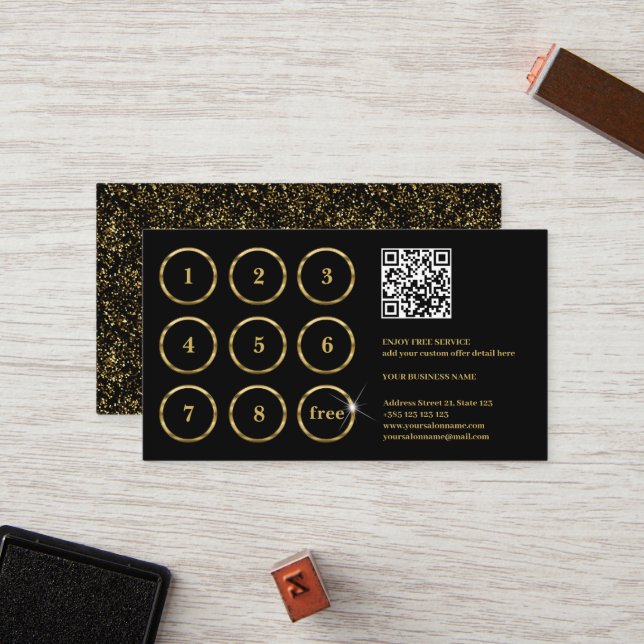 Tarjeta De Lealtad De Código QR Elegante De Oro Y  (Anverso/Reverso In Situ)