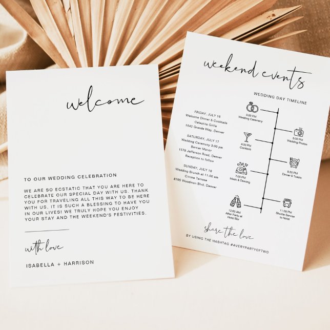 Tarjeta de línea de tiempo de carta de bienvenida  (Modern minimalist wedding welcome letter with schedule and icon timeline backside.)