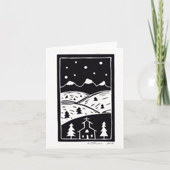 Tarjeta de Linoleografía de Montaña Invernal (Anverso)
