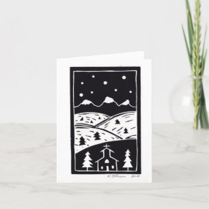 Tarjeta de Linoleografía de Montaña Invernal