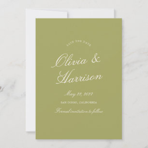 Tarjeta de llamada de boda en caligrafía verde oli