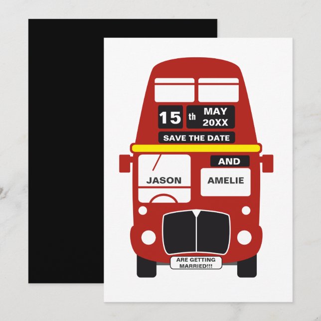 Tarjeta de London Bus Save the Date negra (Anverso / Reverso)